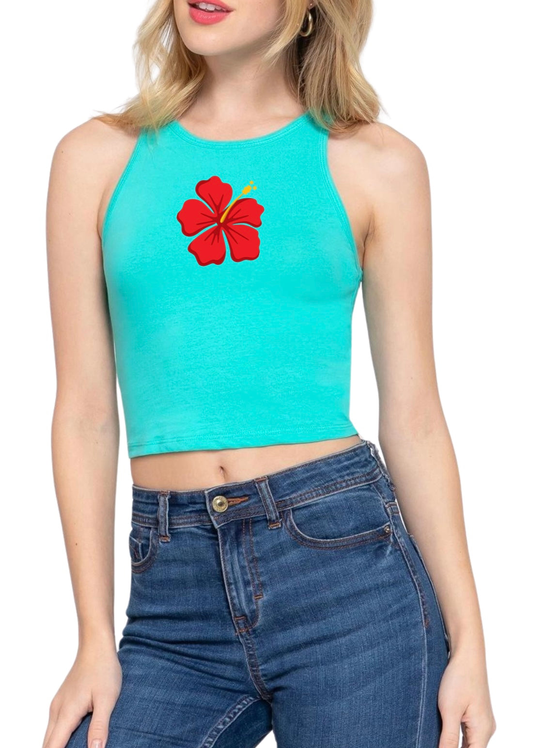 Turquoise Hibiscus Flower Crop Top
